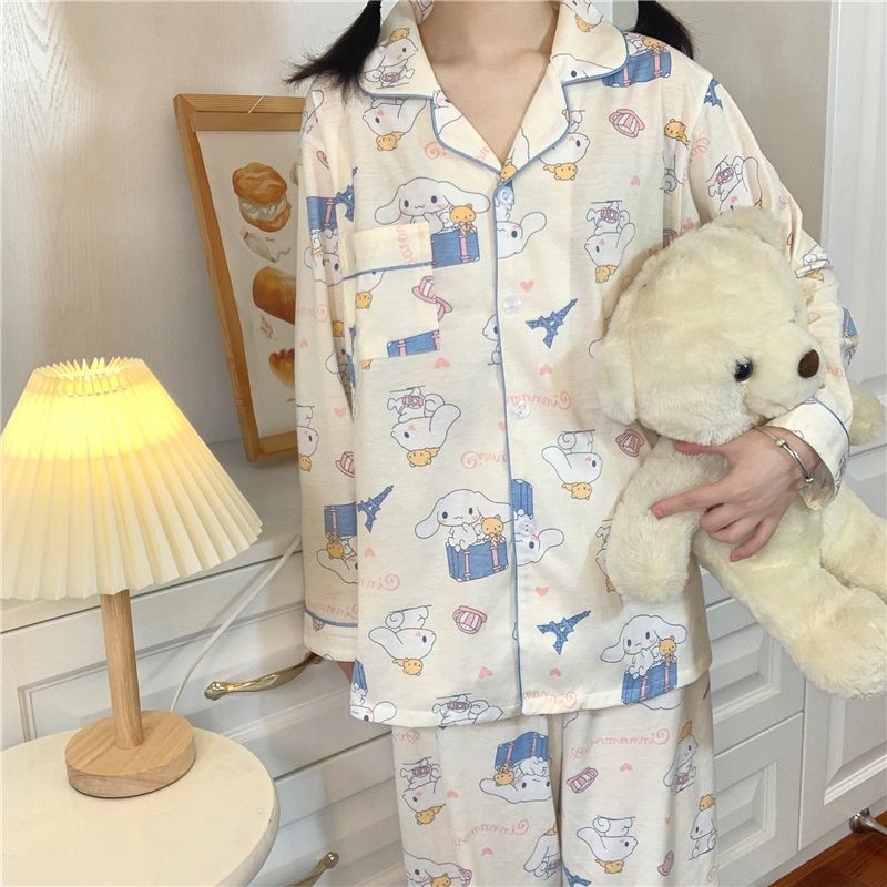 New Sanrio Sleepwear Cinnamoroll Kawaii Cartoon Anime Pajamas Set Women Spring Autumn Long Sleeve Pj
