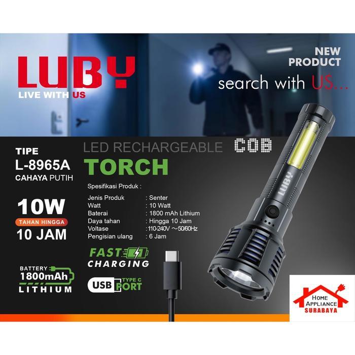 LUBY Senter Tangan Cas LED 10W 10 Watt + Emergency COB L-8965A / L 8965 A Cahaya Putih 1800mAh Tahan
