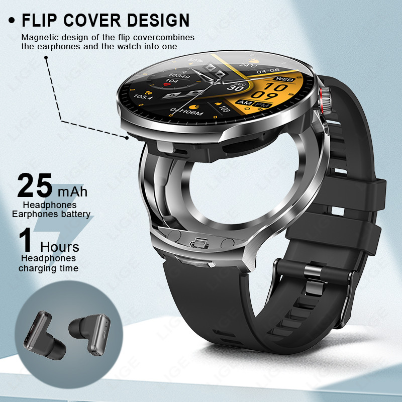 LIGE 2026 New TWS 2 in 1 Headset Smart Watch 1.85"Bluetooth Call Earphone Smartwatch Men Heart Rate