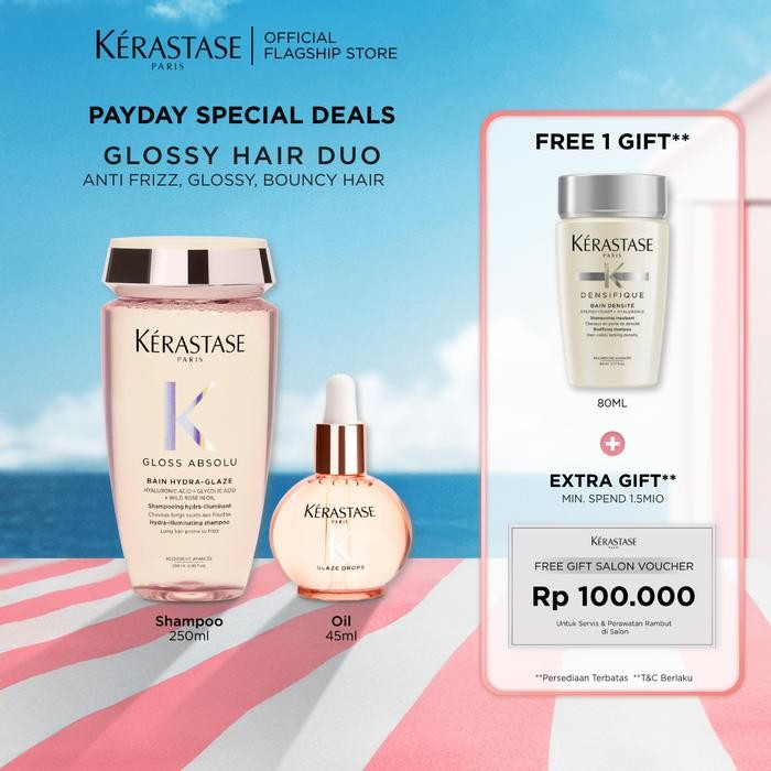 Kerastase Glossy Hair Duo - Bain Hydra Glaze 250ml & Glaze Drop Hair Oil 45ml - untuk Rambut Glossy