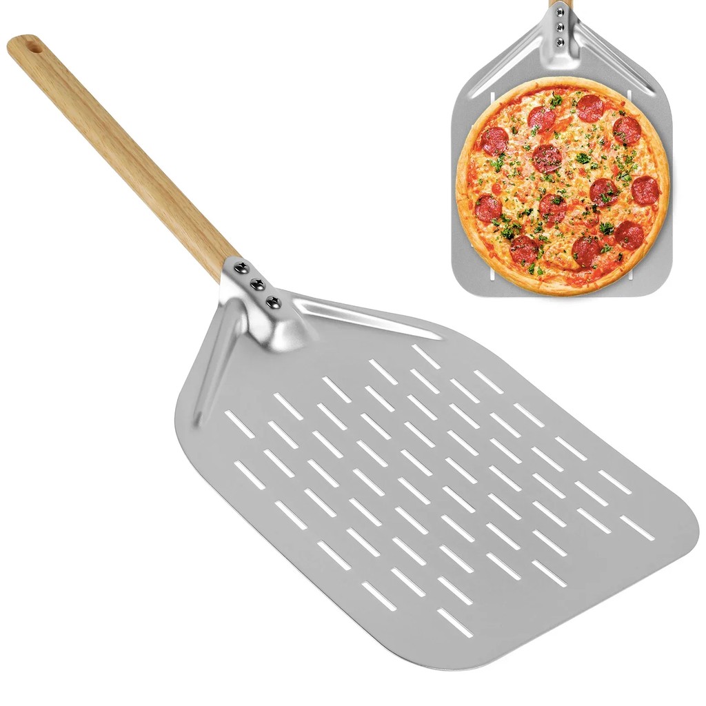 NEW 12inch Aluminium Alloy Pizza Shovel with Wood Handle Non-Stick Perforated Pizza Shovel Lightweig