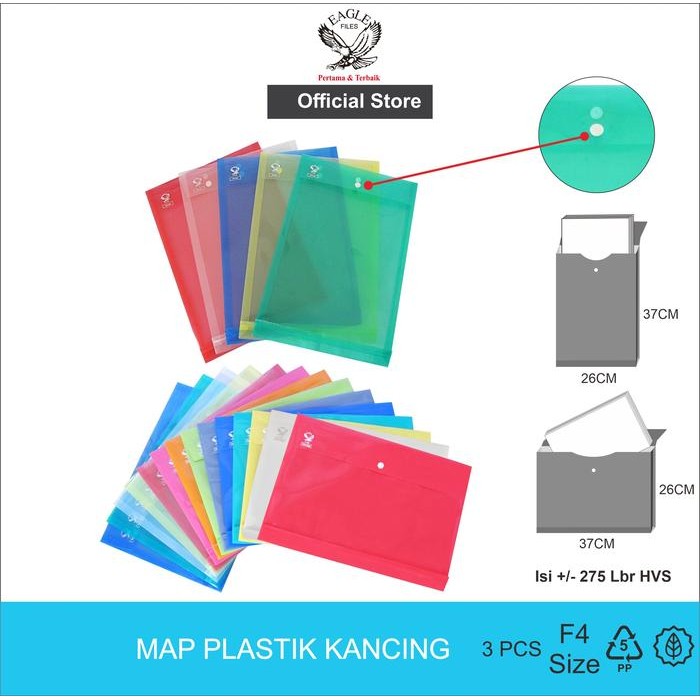 

EAGLE Map Plastik Kancing Bening~Opaque Folio (F4) Data Bag Isi 3 Pcs