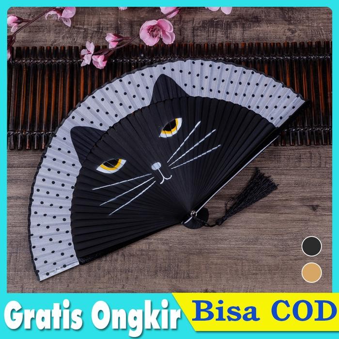 Pilihan- Kipas Tangan Lipat Kain Jepang Motif Kucing Lucu Kado Dekorasi