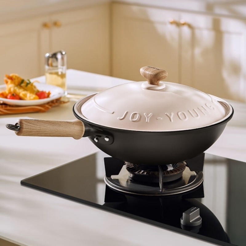 Joyoung Iron Wok with Lid No Coating Refined Iron Iron Wok Pan Household Stir Fried Wok General Use 