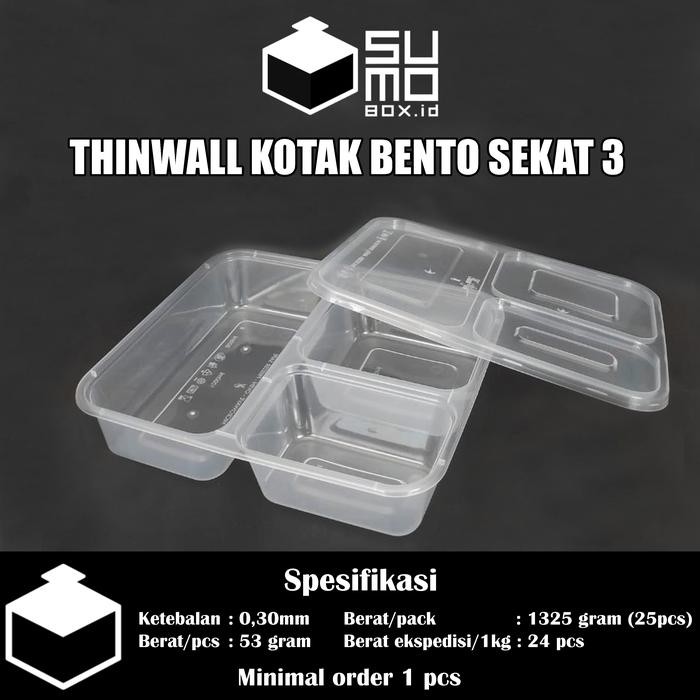Bento 3 Sekat + Tutup / Thinwall Bento Sekat / Box Kotak Nasi Plastik