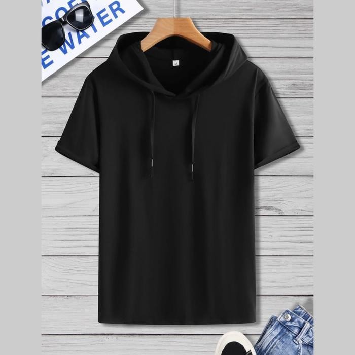 Baju Kaos Hoodie Pria Kaos Kupluk Sweater Pendek Lengan Hoodie Distro Kece Panjang Oblong Hitam