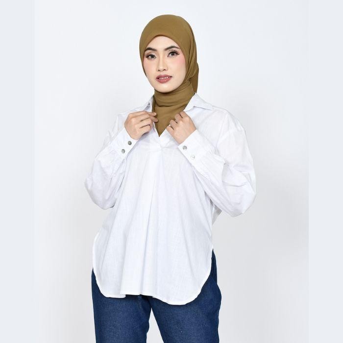 ASLI Kemeja Putih Linen Katun Wanita Lengan Panjang LD118cm Fit XL READY STOCK