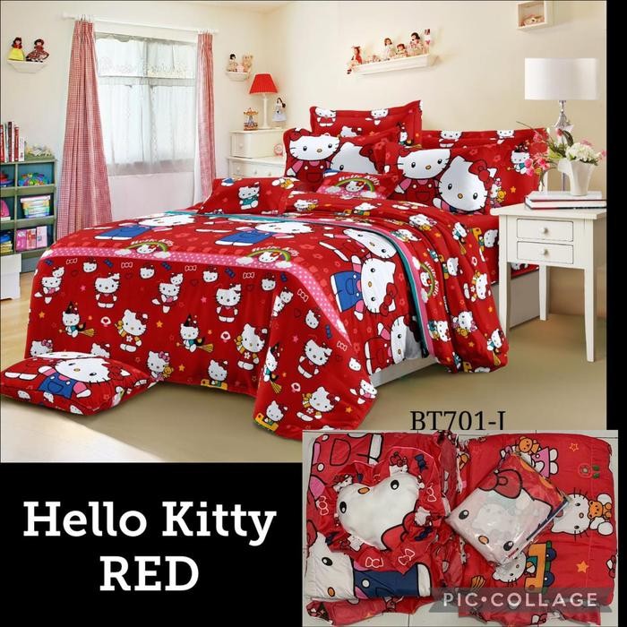DISKON Natasha Bed cover Set + Sprei Hello kitty 2 Bahan Poly Tc 80 Termurah READY STOCK