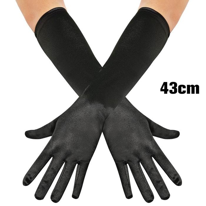 j2s4- Sarung Tangan Panjang Pesta Satin Hitam Glossy/Sarung Tangan Satin