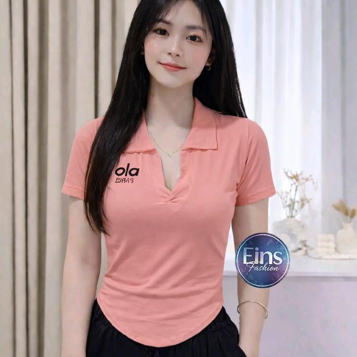 Premium Kaos Crop Top Kerah V Lengan Pendek - Baju Atasan Wanita Terbaru - Kaos Crop Bordir A4Lo