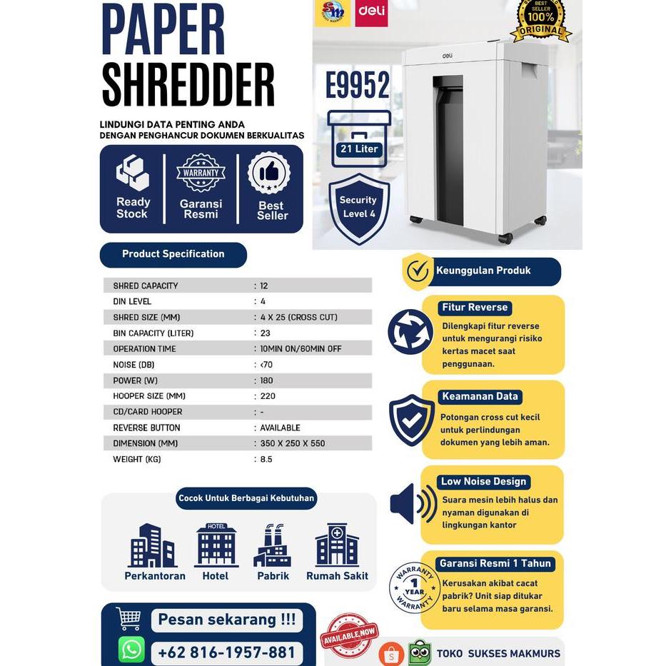 Terlaris Penghancur Kertas Deli E9952 - Paper Shredder Deli 9952