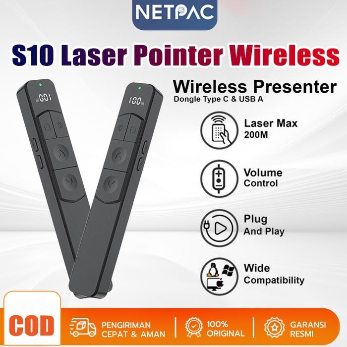 

TYPE-CNETPAC S10 Penunjuk Presentasi Laser Wireless S10 Pengisian Type-C 2.4G Digital LED 100m Jarak