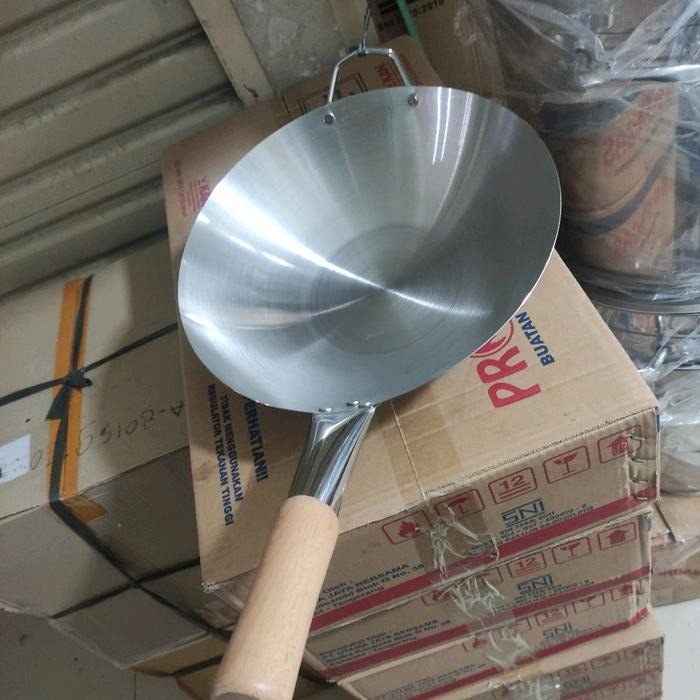 Wajan Nasi Goreng Baja Putih Hongkong Gagang Kayu Dm 40Cm Anti Lengket