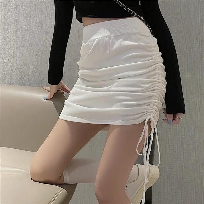 Comfitstore Und352 Rok pendek mini model serut skirt bahan rajut melar Panjang Wanita Midi