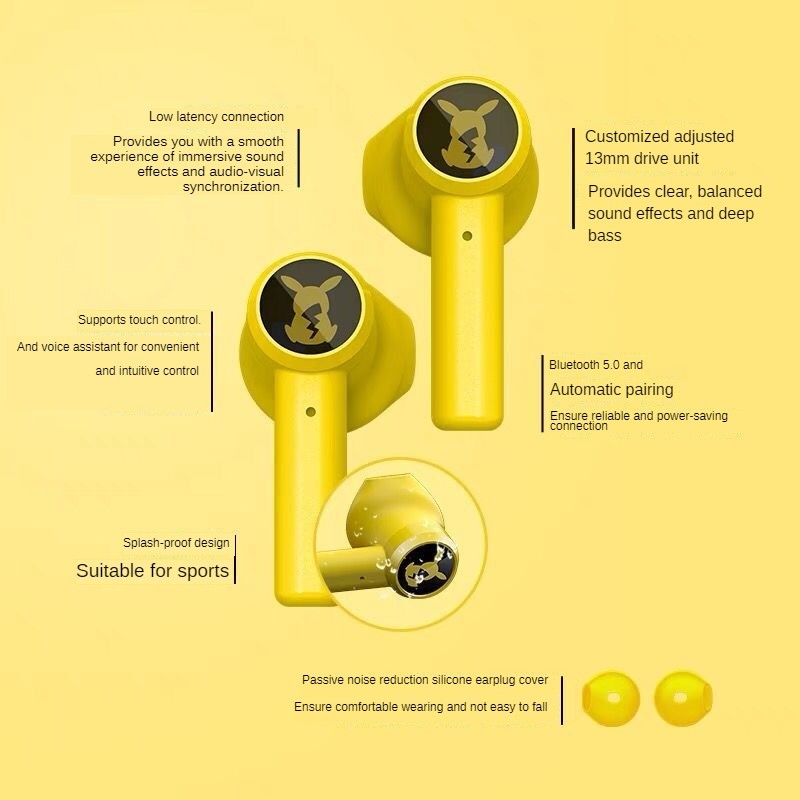 Razer Pokemon Pikachu True Wireless Bluetooth Earphones Tws Sport Noise Reduction Headphones Touch