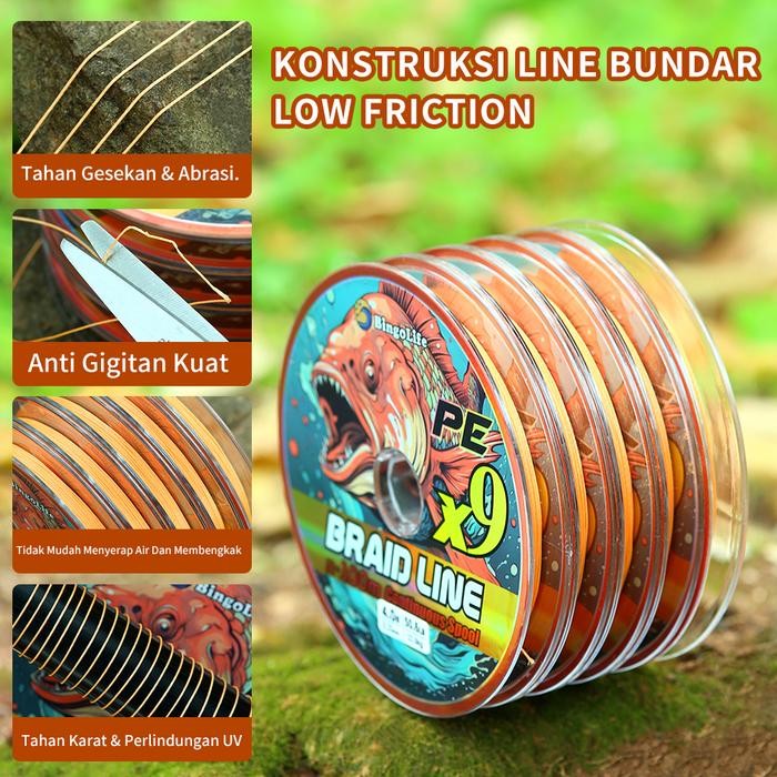 BINGOLIFE ORANGE TALI PANCING PE X9 SUPER BRAID 5X100M CONNECTING 7KG ~ 40.3KG KUAT ABRASI