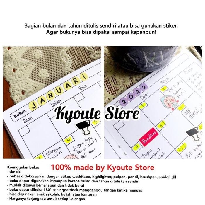 

Buku Undated Monthly Planner Simple Kyoute Versi 1-4 Size A5 Catatan Agenda Schedule