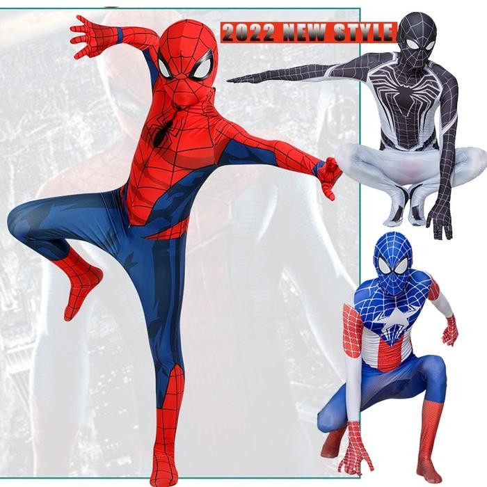 ASLI Superhero Biru KOSTUM SPIDERMAN Baju Cosplay SUPERHERO Anak + Spider -Man Topeng READY STOCK