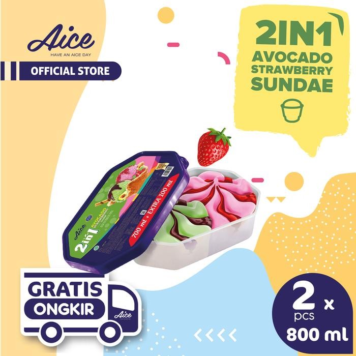 r05n- Aice Alpukat Strawberry Sundae Ice Cream Eskrim 800 Ml Es Krim