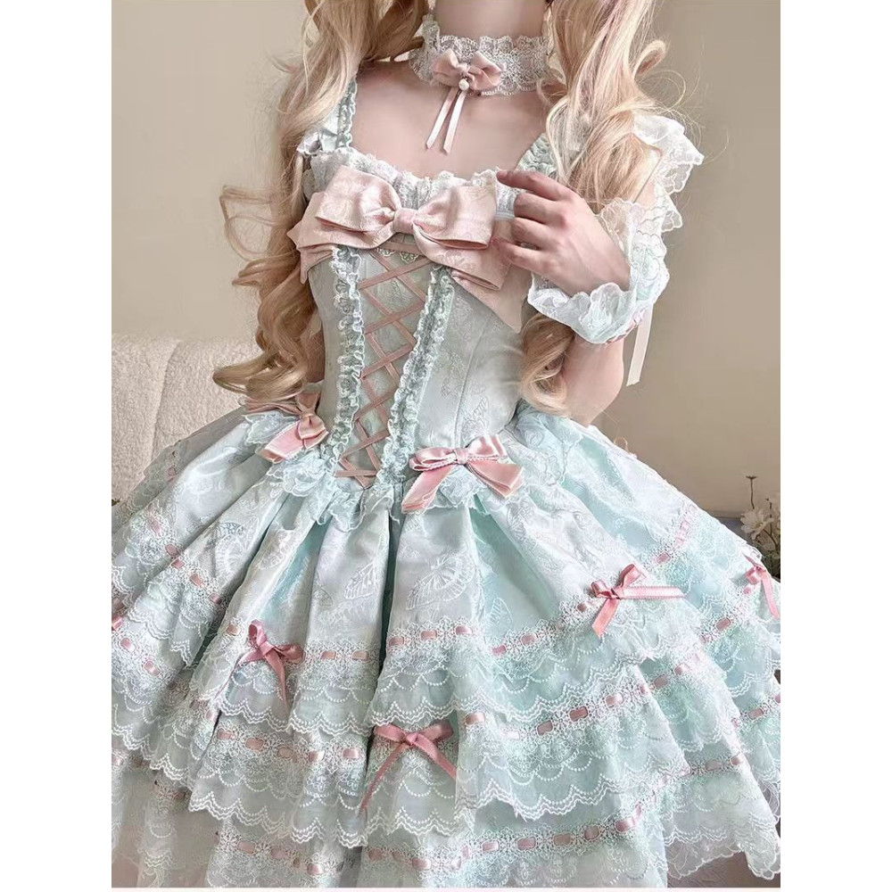 Sweet Elegant Slim Lace Lolita Dress Women Design Pretty Bow Green Fairy Dresses Japanese Kawaii