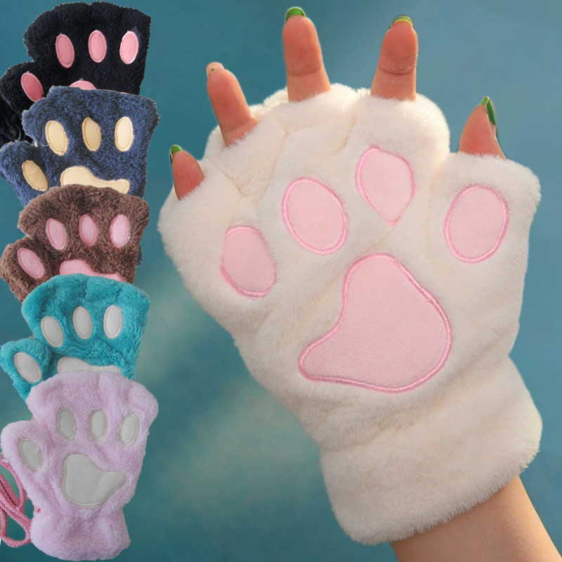 Cartoon Cute Cat Claw Paw Gloves Women Mittens Warm Soft Fingerless Fluffy Bear Cat Gloves Costume