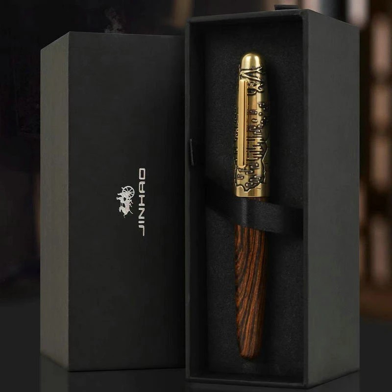 Jinhao 9056 Tiger Embossed Classique Fountain Pen Fine Nib Handmade Wooden And Metal Writing Office