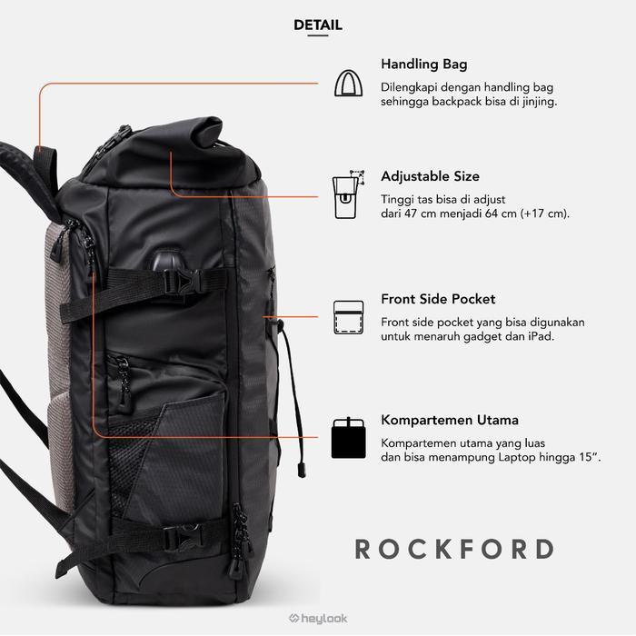 HEYLOOK Backpack ROCKFORD Tas Ransel Laptop Waterproof USB Connector Tas Travelling Anti Air Tas