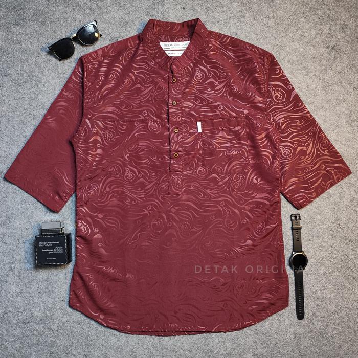 Detak Kemeja Koko Kurta Muslim Embos Sultan Pria Lengan 3/4 Motif Yakuza Casual - Marun Yakuza, MEDI