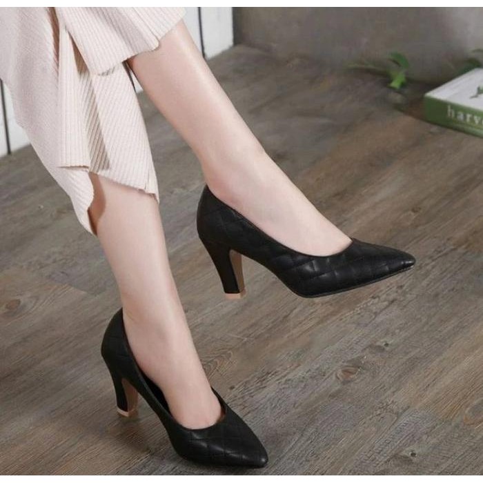 Adorableprojects- Sepatu Pantofel Hitam Wanita High Heels Hak 7 Cm Kotak Tahu Nd02 Sepatu Kerja