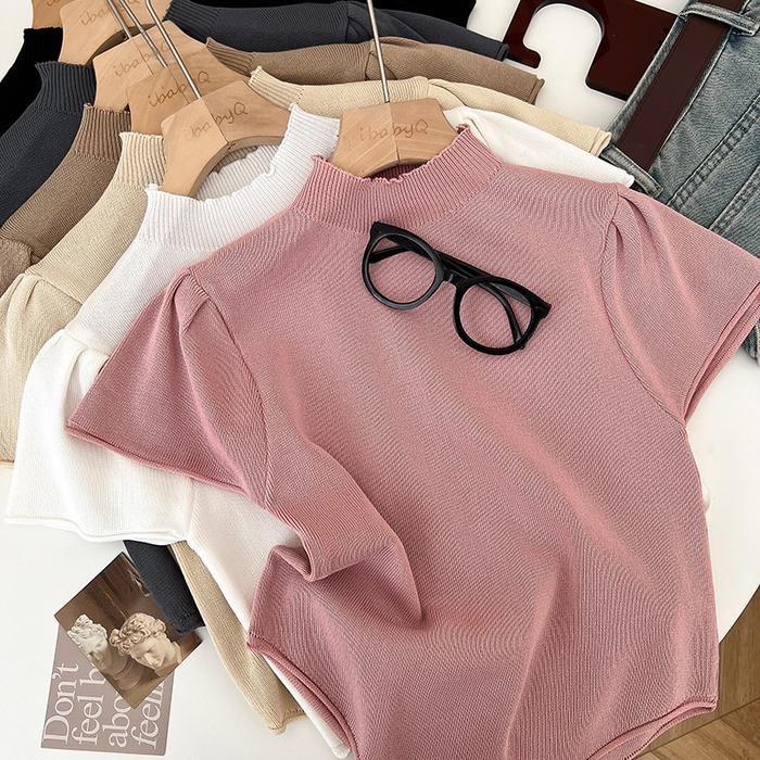 Missoofficial.id BJ1647 Baju Atasan Rajut Wanita Inner Turtleneck Kerah Tinggi Lengan Pendek