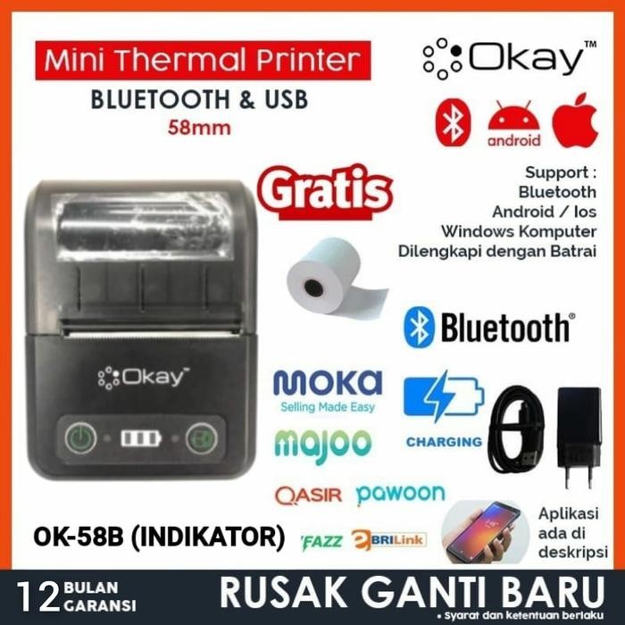 Ready BLUETOOTH PRINTER BUKUKAS PORTABLE THERMAL BATERAI 58MM DT 58B OK 58B