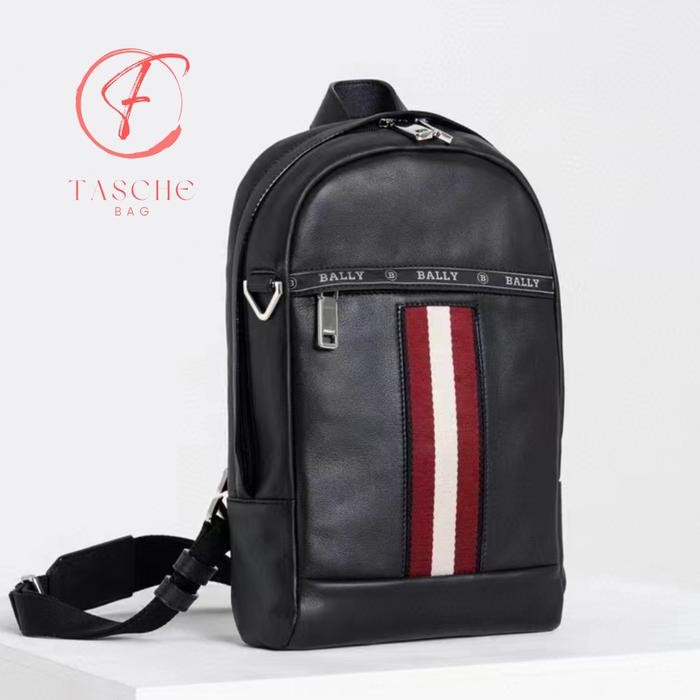 Mantab Tas Pria Bally Hari Sling Bag Full Leather Black Zipper Stripe Red Terlariss 