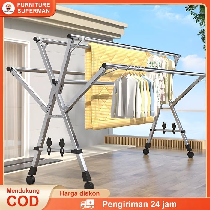 Jemuran Baju Lipat 5 Tiang Dengan Roda Jemuran Baju Lipat Stainless Steel Jemuran Pakaian Super