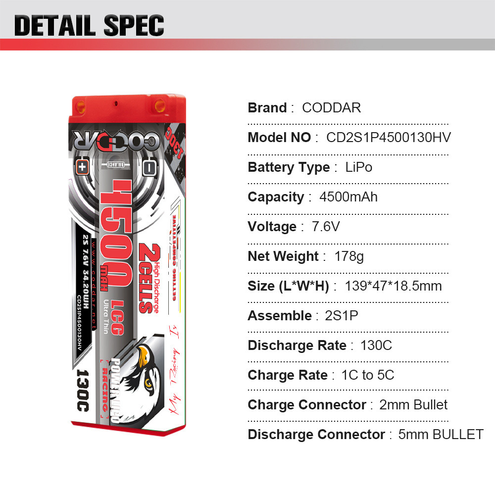CODDAR 2S 7.6V RC CARS LIPO BATTERY HV 4500MAH 6000MAH 6300MAH 6500MAH 6600MAH 130C/140C 150C FOR