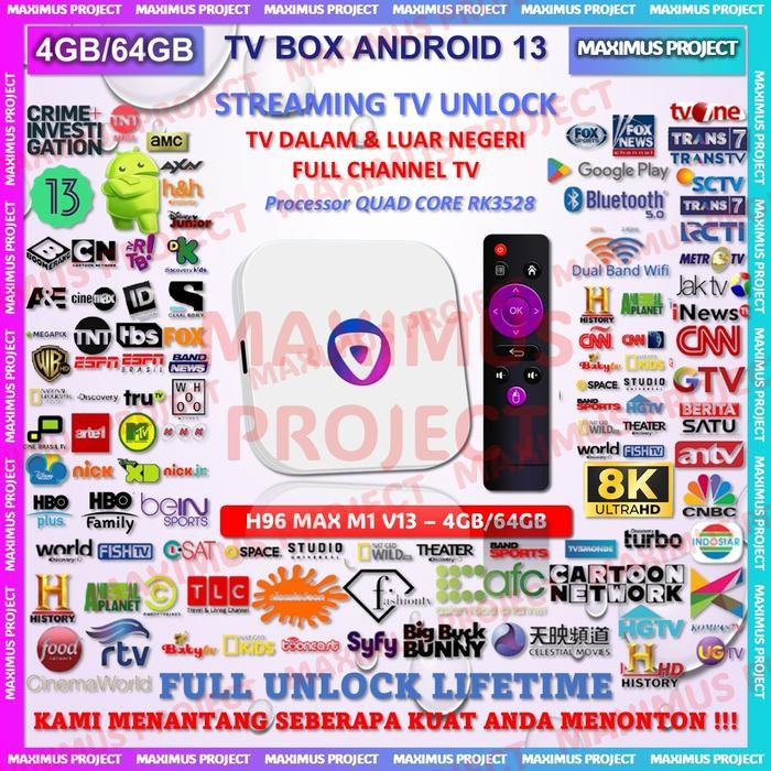 3j4e- Smart Tv Box Android 13 H96 Max M1 V13 Ram 4Gb Rom 64Gb 4/64 Stb Unlock Gratis Paket