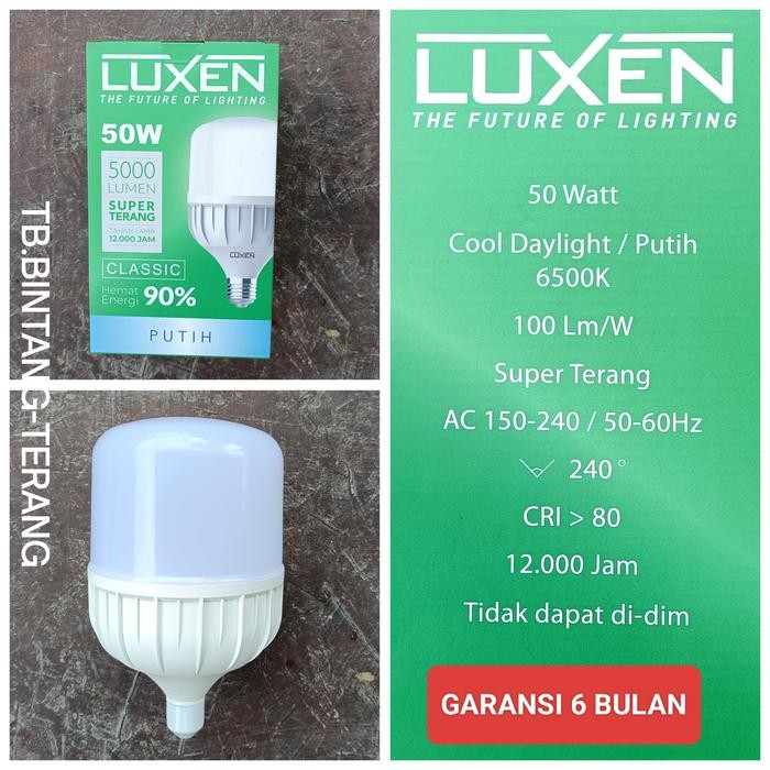 Terlaris LUXEN LED 50 WATT BOHLAM BOLA LAMPU CAHAYA PUTIH BERKUALITAS SUPER TERANG SALE
