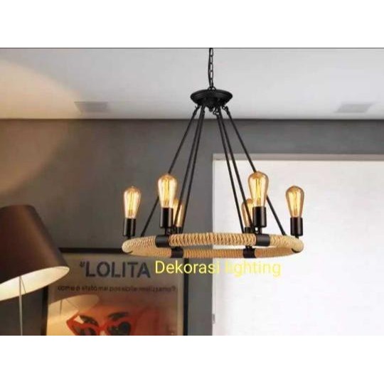 Hemat Lampu L-666 Gantung (Tali Tambang) 6Lampu Fiting E-27 Hias Dekorasi Terlariss 