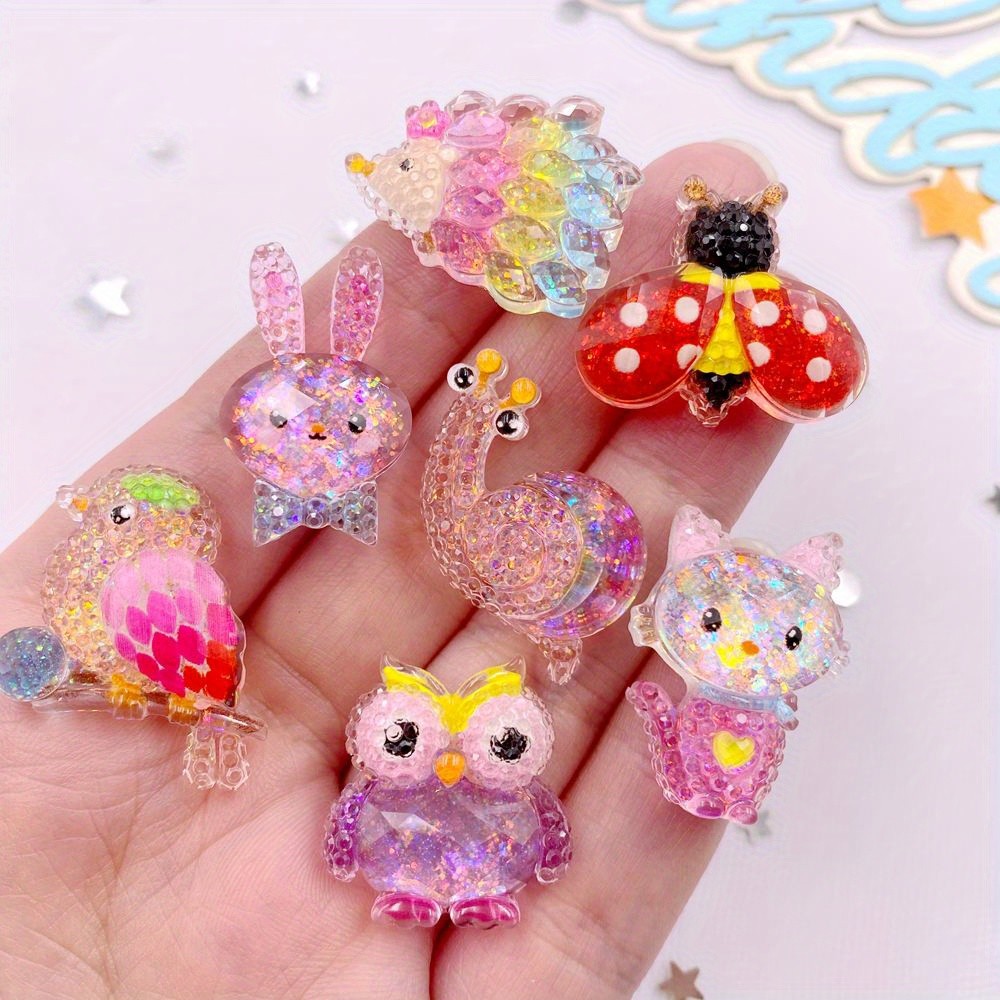 7pcs Glittering Resin Animal Figurines - Assorted Hedgehog, Bird, Cat, Snail, Beetle, Rabbit, Owl