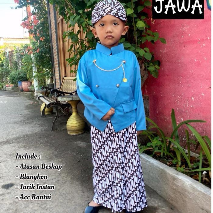 Dijamin Realpict Setelan Beskap Anak Premium Bawahan Jarik Instan Parang Putih Diskon Sale