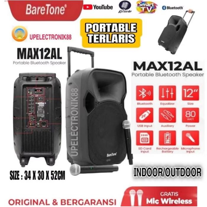 Speaker Aktif Portable 12" Baretone MAX12AL RMS 100Watt Bluetooth Usb Original Garansi Resmi