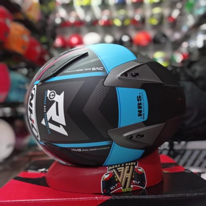 Helm Nhk R1 Motif Napoleon Black Light Blue Doff Double Visor Half Fac