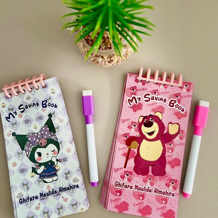 

New PAKET BUKU MINI MENABUNG CUSTOM NAMA GRATIS POUCH STIKER DAN SPIDOL bukuultah