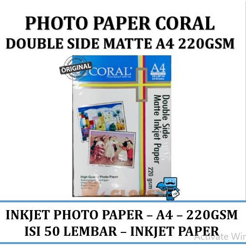 

Kertas Coral Double Side Matte Inkjet Paper A4 220 Gsm isi 50 lembar
