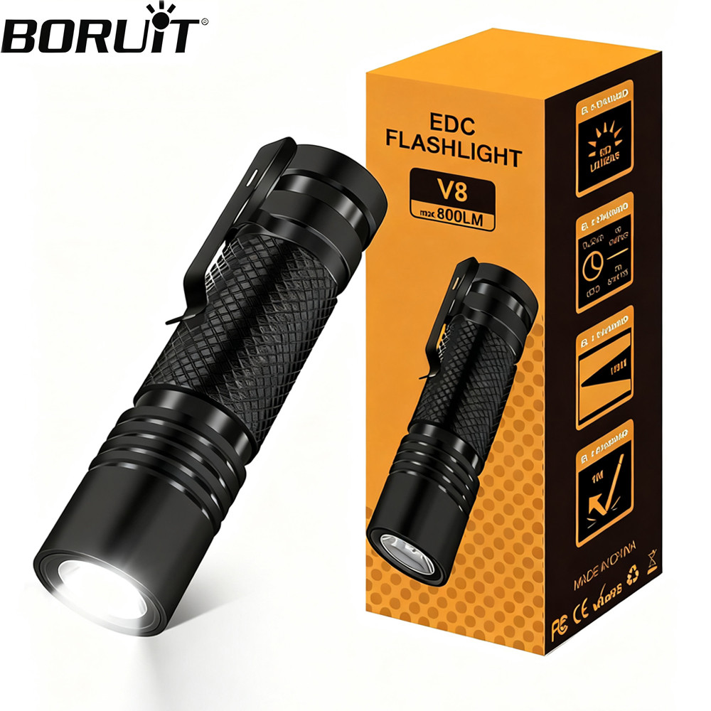 BORUiT V8 EDC Flashlight 18650 USB C 800LM Rechargeable Powerful Torch 5 Lighting modes 1200mAh