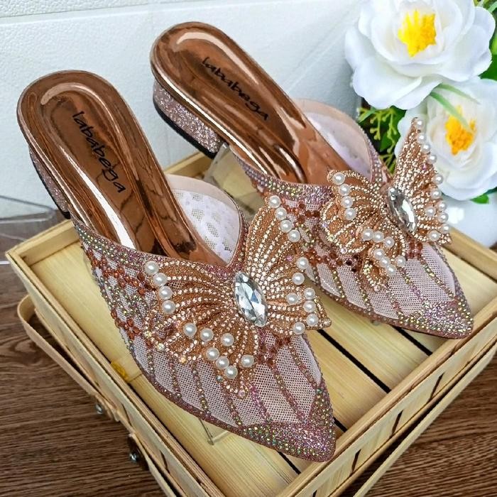 Ready Sandal Mules Pesta Wanita Bahan Brukat Glitter Permata Import Heels Hak 3Cm Size 36-41