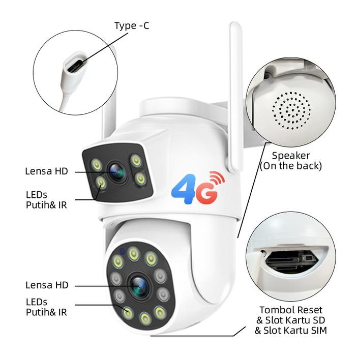 x3ad- [Tanpa Wifi] Cctv Pakai Kartu Sim 4G Kamera Pengawasan Rumah Lensa Ganda Anti Air