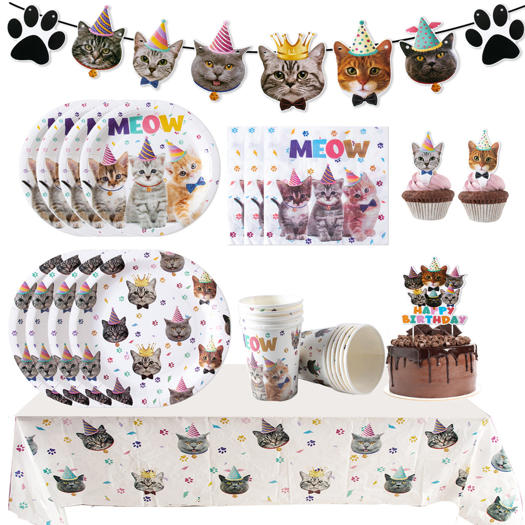 Cat Birthday Party Supplies Cute Cat Theme Tableware Paper Plates Cup Banner Cake Topper Kitten