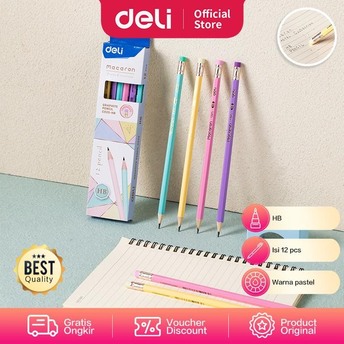 

Deli Graphite Pencil / Pensil Kayu HB 12pcs Pastel Penghapus EC025-HB