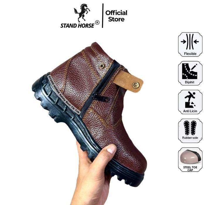 STAND HORSE 506S SEPATU SAFETY SHOES PRIA WANITA UJUNG BESI MODEL ZIPPER PVC OUTSOLE UNTIK KERJA