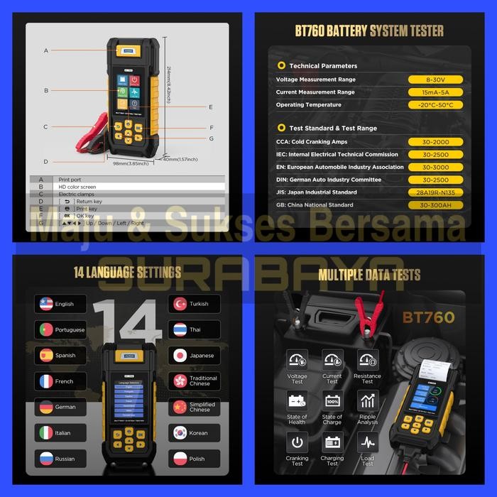 Pilihan- Autool Bt760 Bt-760 6-30V Battery Tester Analyzer Baterai Aki Printer